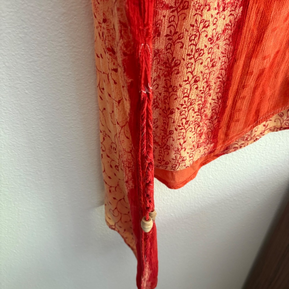 Boho Asymmetrical Sharkbite Tunic Top Orange Red Floral Beaded Tassel One Size - Picture 7 of 9